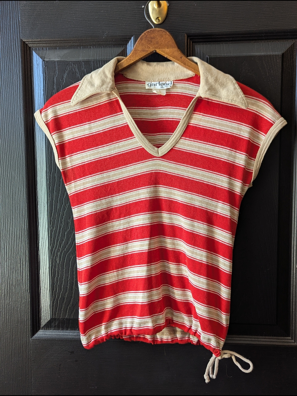 Garland Red & Cream Striped V-Neck Drawstring Top